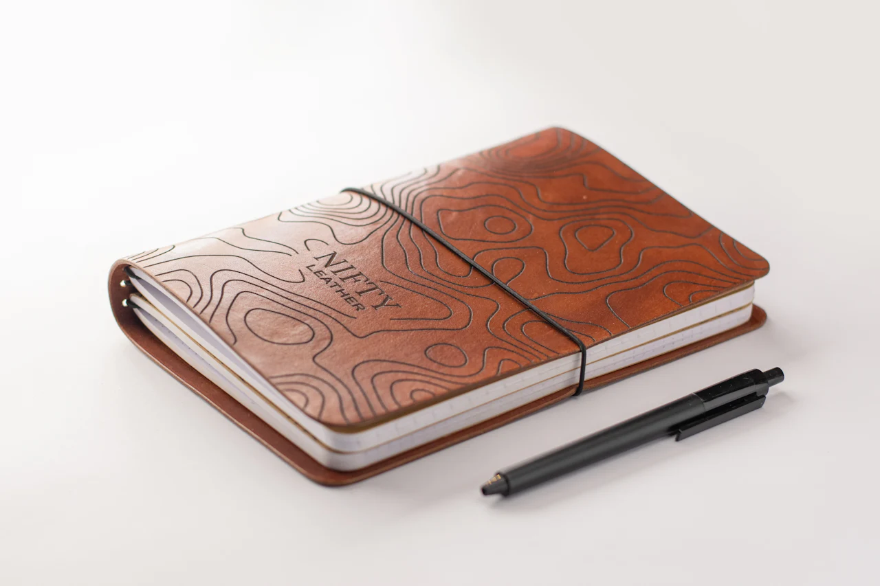 Leather notebook and pen on a desk